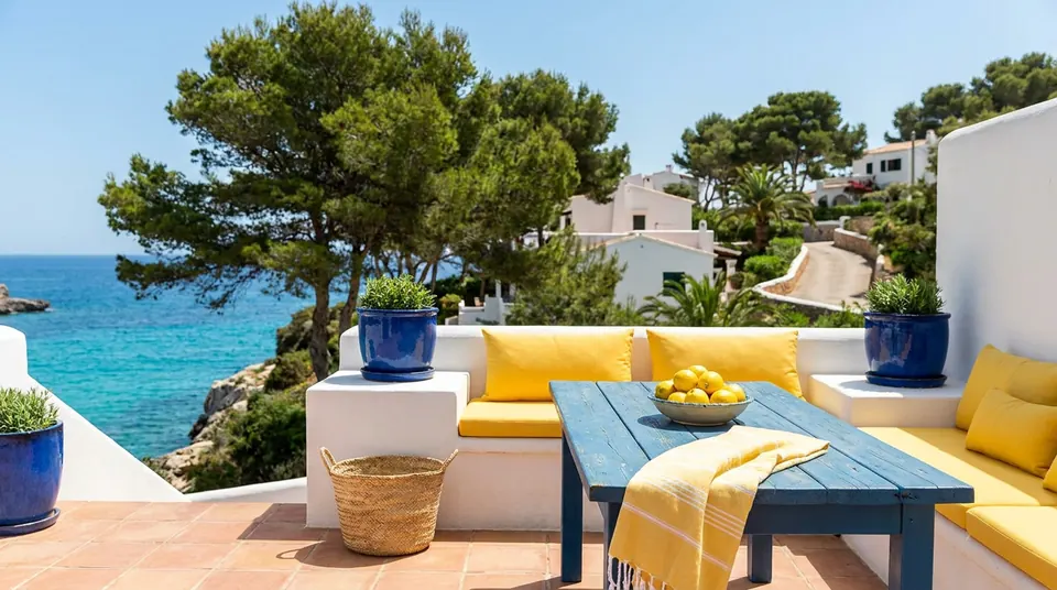 Terraza de una villa blanca con cojines amarillos y vistas al mar entre pinos