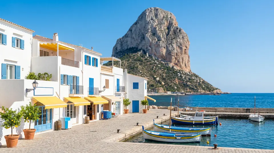 Pueblo costero con un gran peñón que se alza del mar detrás de los edificios