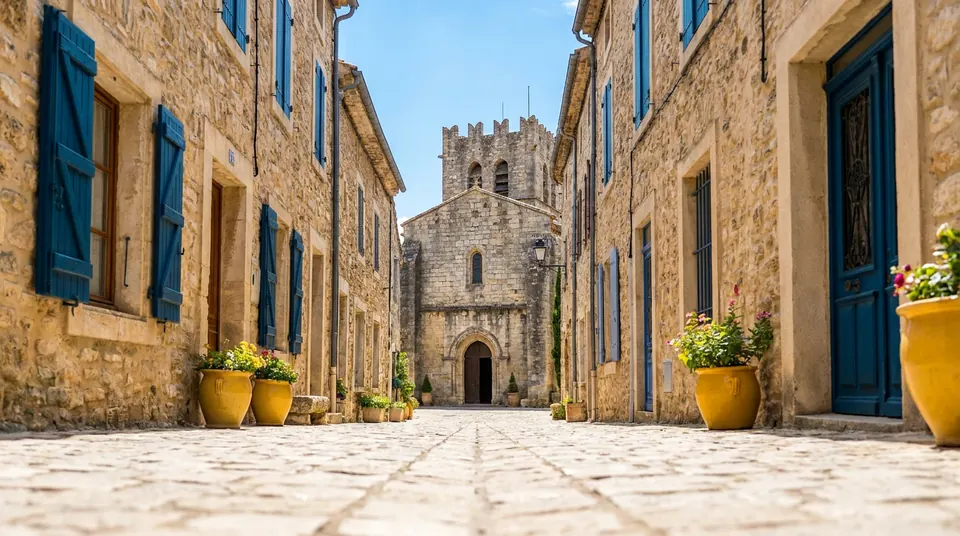 Calle de casas de piedra junto a una iglesia fortificada