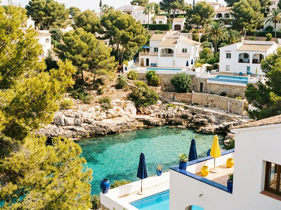 Cala rocosa de agua turquesa con pinos y villas blancas en la ladera
